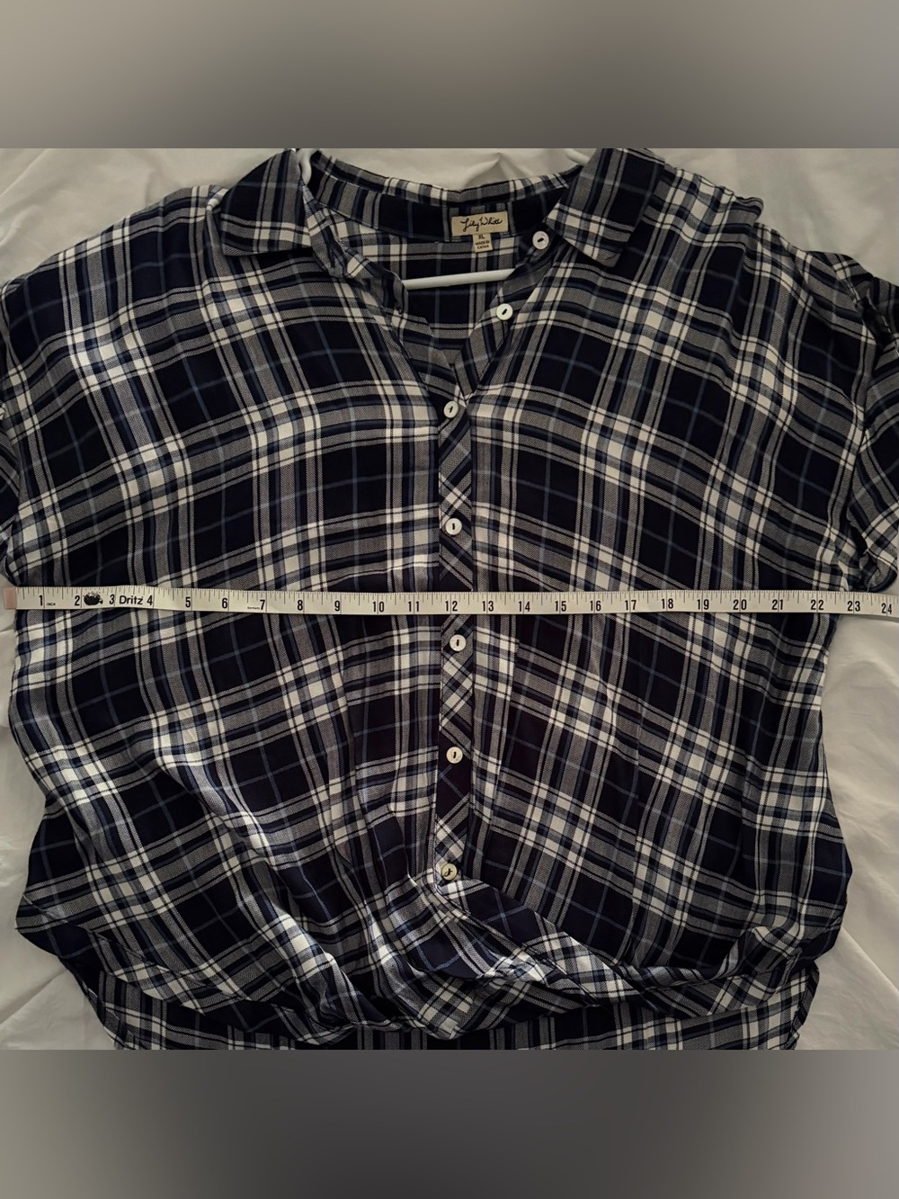 Lily White Navy, White & Light Blue Plaid Button-Front High Low Shirt - Picture 6 of 9